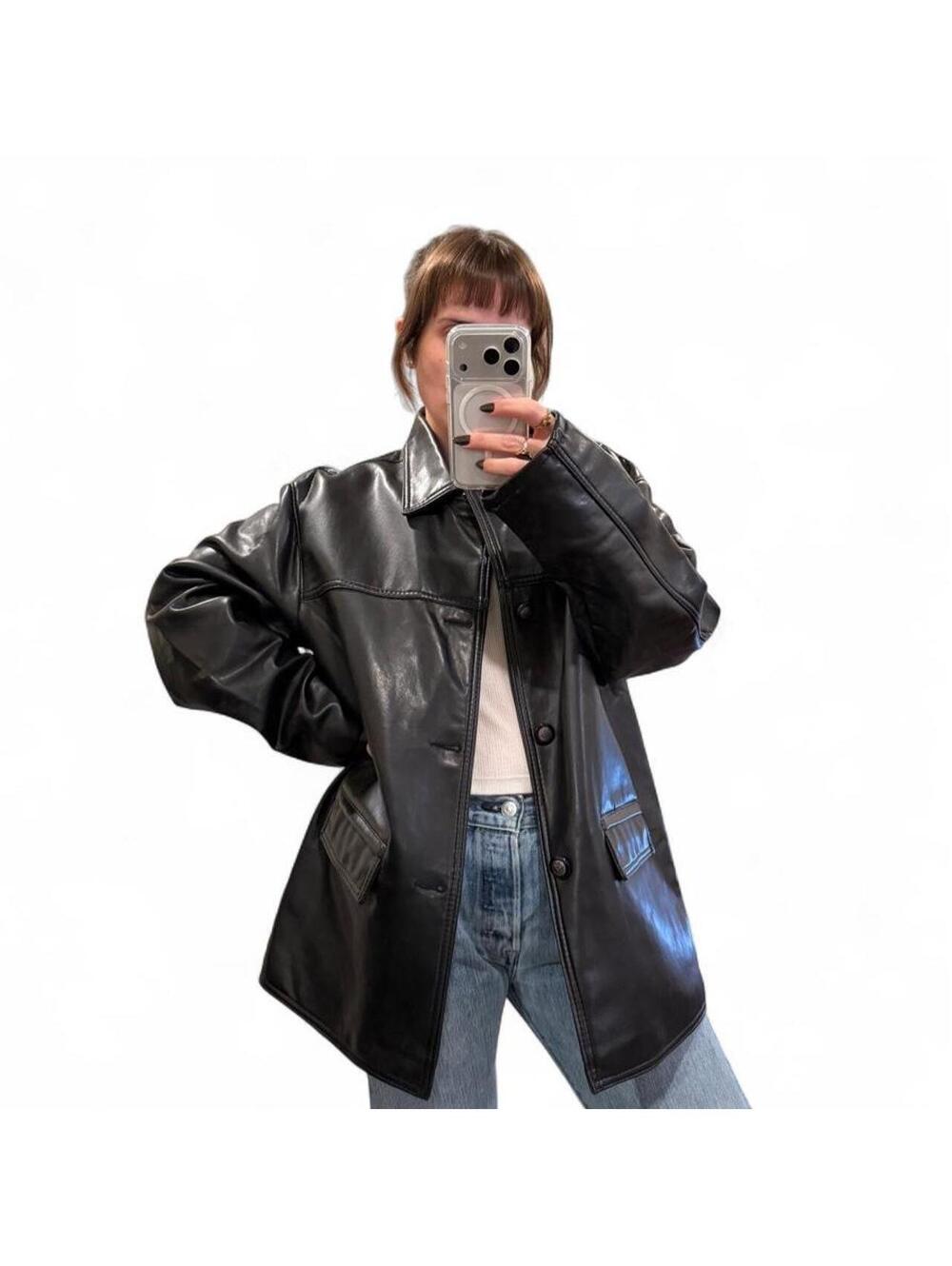 Vintage Italian Black Leather Car Coat